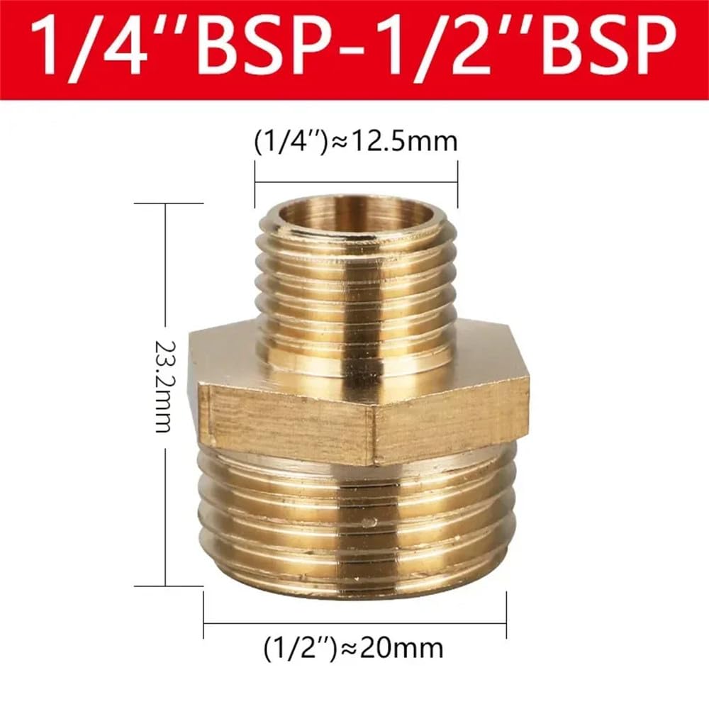 Racores de latón para mangueras, Adaptador de acoplador hexagonal for tubería de latón BSP de 1/8, 1/4, 3/8, 1/2, 3/4 y 1 pulgada, casquillo reductor.(1l4 to 1l2,50 pcs)