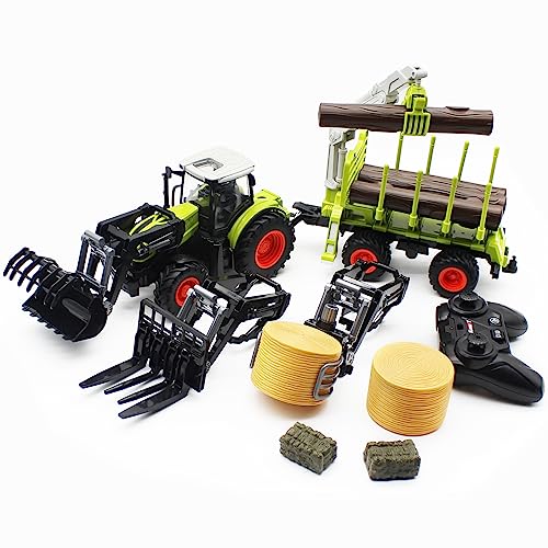 Leopmase Remote Control Tractor Farm Playset 2.4Ghz Electronic RC Tractor with Trailer and Timber Truck, Farm Toys Set with Wood Grabber Multifunctional headers Farmers for Kids Age 3 4 5 6 Years Old