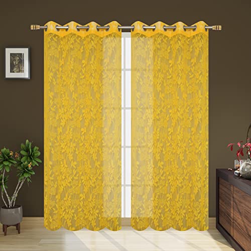 Image of Galaxy Home Decor Transparent Lily Net Curtain Sheer Curtains for Door 7 Feet, Pack of 2, Yellow