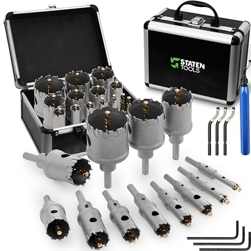 TCT Hole Saw Kit 12 Pcs - Carbide Hole Saw Kit 9/16" - 2 1/8" for Metal + Multi Material / 2 Hole Saw Drill Bit / 1 Metal Deburring Tool / 4 Blades & 3 Allen Wrenches ~ Industrial Use & Home Projects