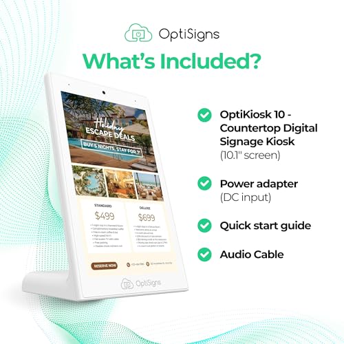Image of OptiSigns OptiKiosk 10 - Countertop Digital Signage Kiosk, 10.1 inch HD Touchscreen Display with Wi-Fi, Ethernet & Bluetooth, Software, Optional Background Music