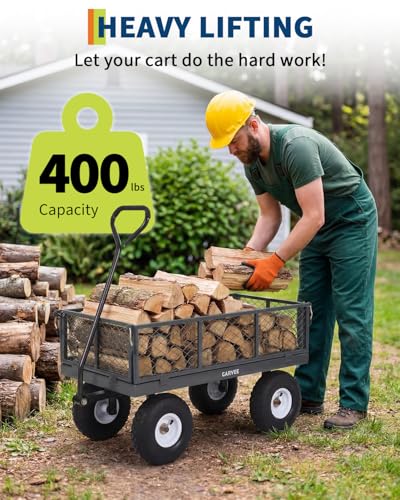 Carretilla de jardín de acero resistente 400 lbs – Carro utilitario para patio – Neumáticos neumáticos todoterreno de 10" – Laterales de malla removibles – Fácil maniobrabilidad para césped, jardinería y paisajismo – Gris, GOR410 miniatura 4