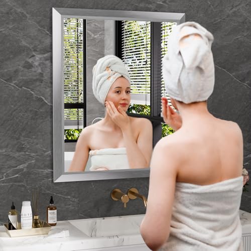 Amorho 22x30 Inch Bathroom Mirror Silver, Thick Metal Framed Wall Mirrors for Over Sink, Brushed Nickel Mirror Perfect for Bedroom, Living Room, Entryway, Rectangle (Horizontal/Vertical).