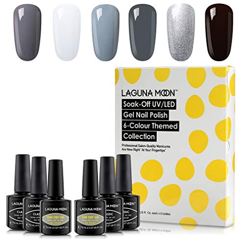 Lagunamoon Gel Nail Polish Set,Black White Glitter Grey Colors Manicure Set Soak Off UV LED Gel Nail Polish Requires Drying Under Nail Lamp,8mL Each Bottle