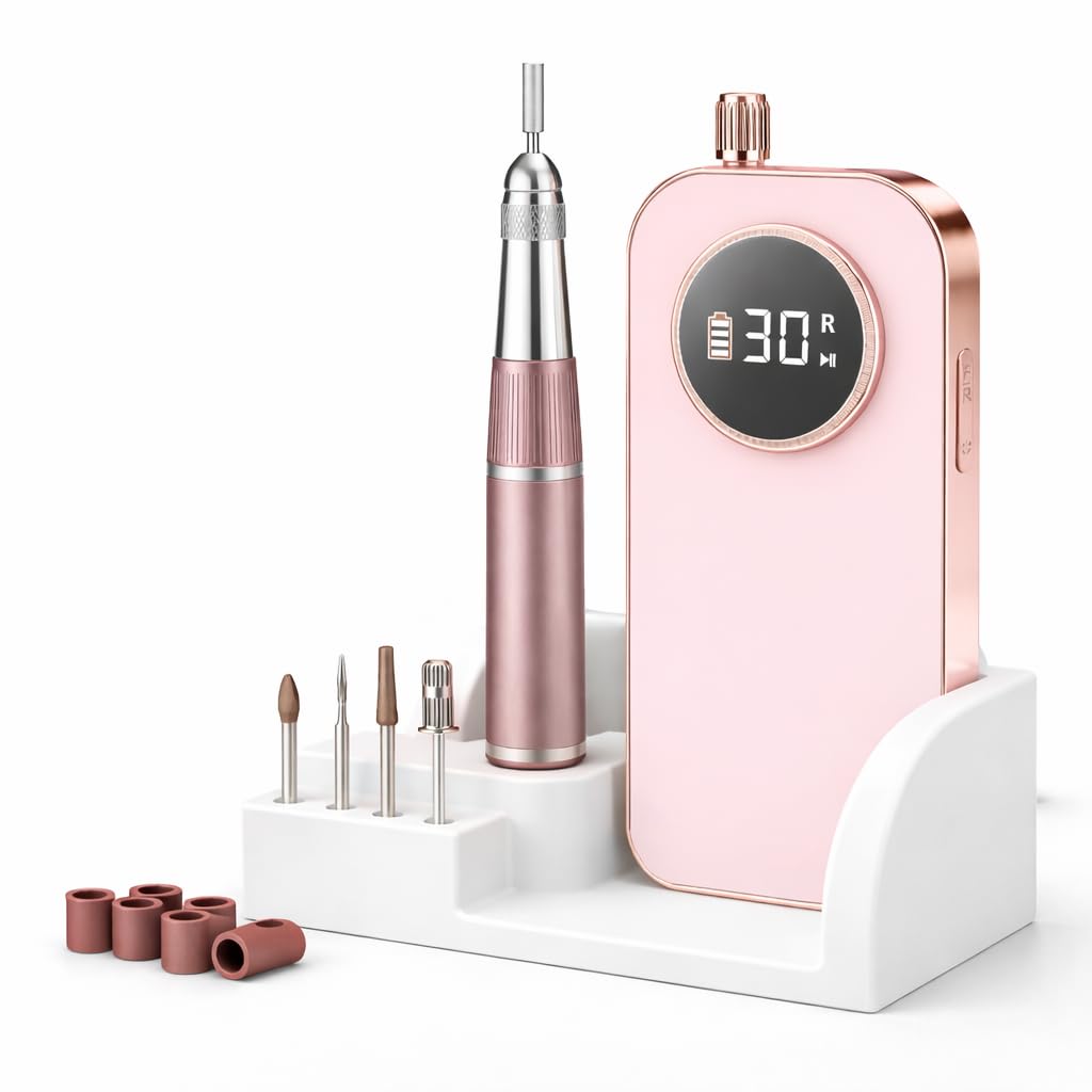 45000 RPM Nail Drill - Brushless Cordless Efile LCD Display & Heat Reduction Tech for Acrylic Gel Nails (Pink)