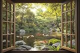 WOOHOOROO 3D Peel and Stick Fake Window Decals–Koi Pond and Garden View,Removable Home Small Wall Murals,16' x 24'