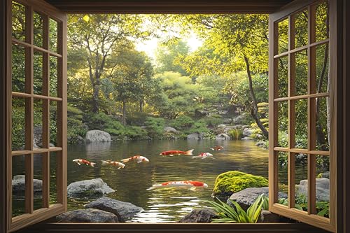 WOOHOOROO 3D Peel and Stick Fake Window Decals–Koi Pond and Garden View,Removable Home Small Wall Murals,16" x 24"