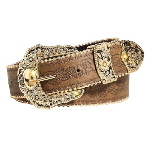Western Brown Belt Gold Buckle Belt Cowboy Cowgirl Leather Belt Ladies Belts for Jeans Pants Dresses