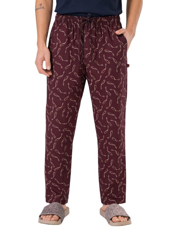 Men's 100% Cotton Lounge Pyjama Pants - Maroon Printed | No Marks Elastic, Invisible Left Zipper Pocket, Dual Side Pockets, Drawcord | Night Pants, Lower for Men, Leisure Wear-image-2