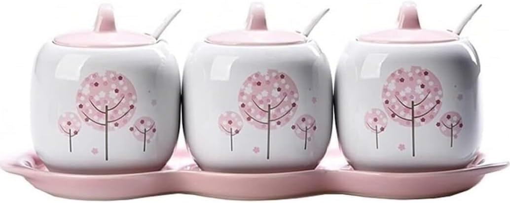 Condiment Set Seasoning Box Condiment Jar Condiment Container Set Ceramic Seasoning Container With Lid Seasoning Pot Salt Sugar Spice Jar With Spoon Salt and Sugar Container Sets Condiment Pot (Color