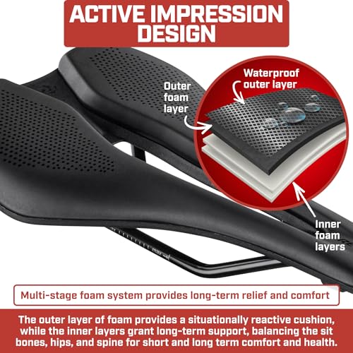 Revere High Performance Bicycle Saddle – Multi-Stage Comfort Foam, Ergonomic Center Channel, Aerodynamic Design – Ideal for Road, Gravel, Mountain, and Touring Bikes (255mm x 143mm)
