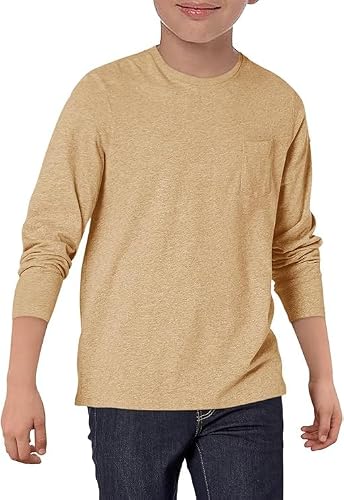 Image of Haloumoning Boys Long Sleeve T-Shirt Chest Pocket, Khaki, 7-8 Years