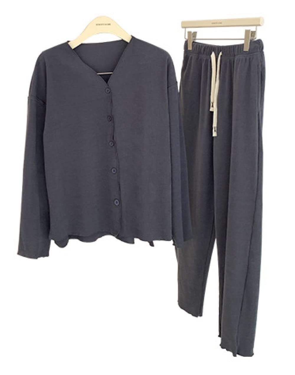Pijamas Para Mujer Conjunto De Pijama De Poliéster Con Cuello En V Gris Oscuro Para Mujer Pijama De Manga Larga Simple Regular Suelto Para Mujer Conjunto De Dos Piezas Regalo De Festival Adecuado P