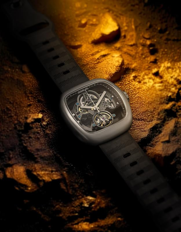 Image of QORUM Equinox Men's Automatic Skeleton Watch - Black Dial, Square Carbon Finish Case, Black Silicon Strap