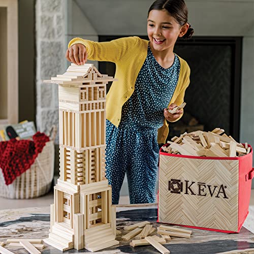 Image of MindWare KEVA Structures 600 Plank Wooden Building Blocks Set, Includes 600 Pine KEVA Planks, 30 Idea Cards and Collapsible Storage Bin