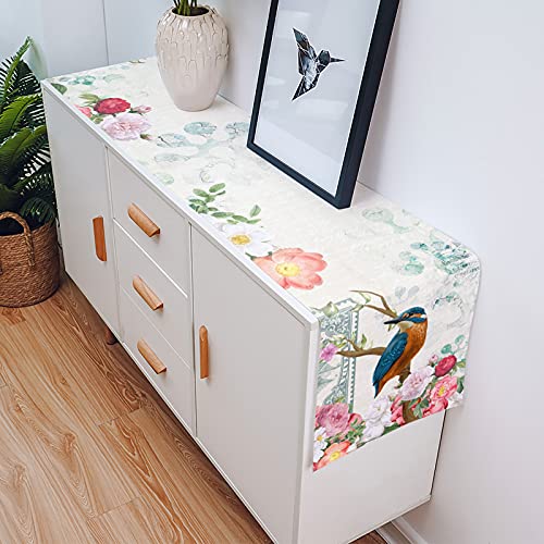 Table Runner 60Inch Long Scarf Kingfisher Birds Spring Blossom Florals Dresser Scarves Cotton Linen Burlap Table Runners For Kitchen Dining Seasonal Holiday Party Decor Vintage Stamp Texture #TOP4