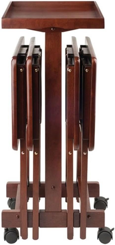 Pemberly Row 6-Piece Solid Wood Snack Table Set, Walnut Finish, Removable Tray, Rolling Storage Stand with Locking Wheels, Folding TV Tables for Dining, Entertaining, or Patio Use