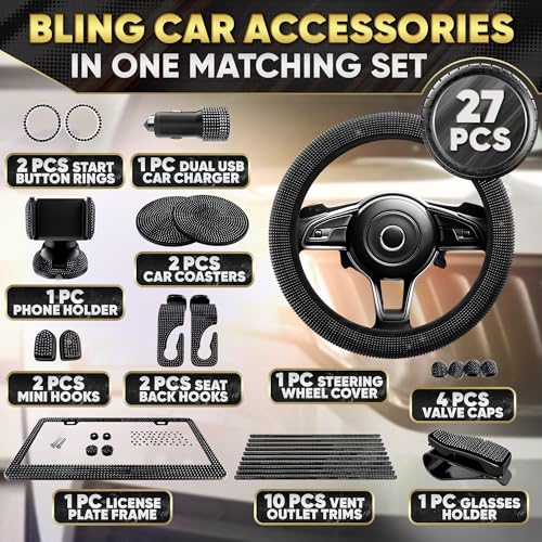 Image of Black Bling Car Accessories Set, 27 Pcs, for Women Drivers