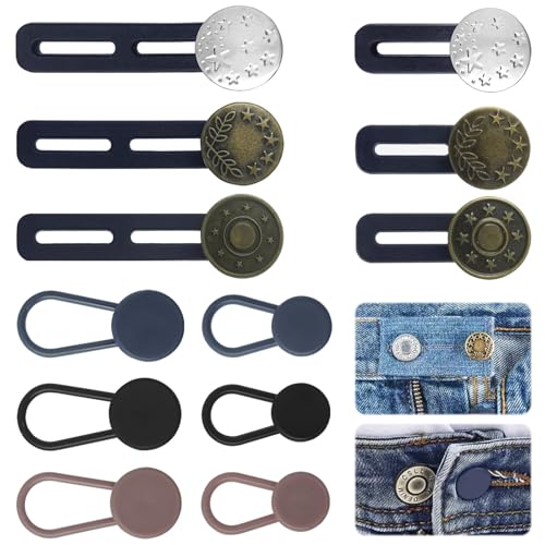 Hevysuo 12 Piezas Extensiones de Botones de Jeans,Prolongador de Botón Elástico,Silicona Botones de Extensión de Metal Ajustables Botones de costura gratis para Jeans Pantalones