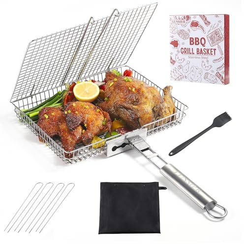 LUSSIER Grilling Basket for Outdoor Grill – Large Foldable Stainless Steel Barbeque Basket with Removable Handle, Skewers & Basting Brush Non-Stick BBQ Grill Basket for Veggies, Fish & Shrimps