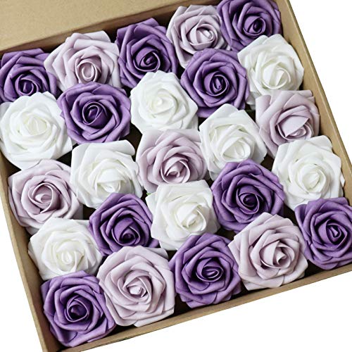 D-Seven 25Pcs Artificial Flower White & Lavender Mist & Pale Lilac Roses With Stem For Diy Wedding Bouquets Floral Arrangements Wedding Flower Backdrop Bridal Shower Baby Shower Party Home Decor #TOP1