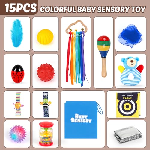 Joyreal 15 Pcs Sensory Toys for Babies Newborn Baby Toys 0-6 Month, Rattles, Foil Blanket, Rainmaker, Scarves, Ribbons - Image 2