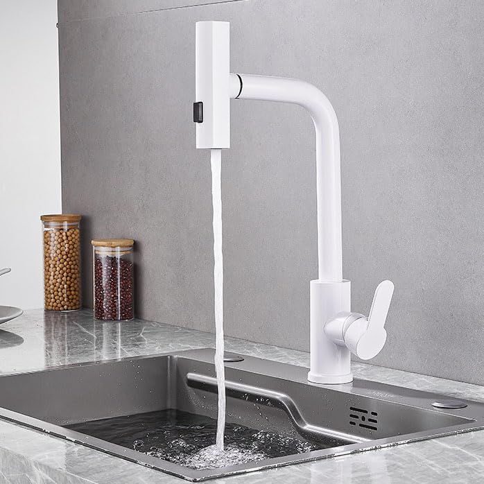 Grifos de Cocina en Cascada con rociador extraíble, Mezclador de Cocina de un Orificio, caño Giratorio, Grifo de Cocina Monomando de latón, Agua Caliente y fría, Blanco