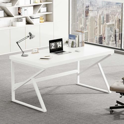HSH Schreibtisch Weiß Computertisch Bürotisch für HomeOffice aus Holz und Metall Modern Design PC Tisch für Wohnzimmer Schlafzimmer Arbeitszimmer Weiß 140 cm