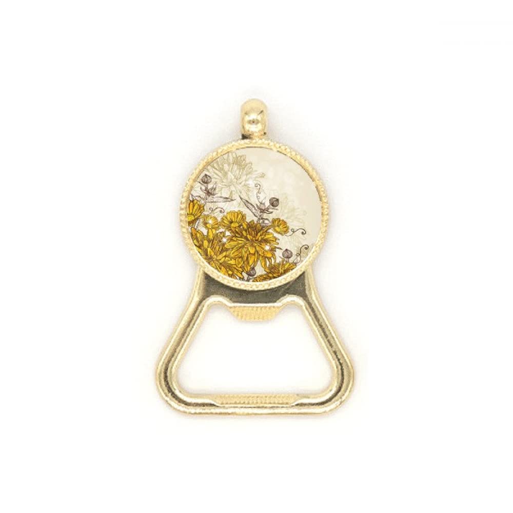Porte-clés décapsuleur acier inoxydable fleur chrysanthème jaune
