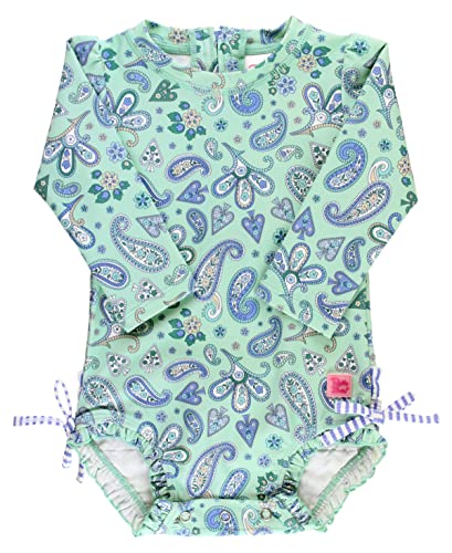 Image of RuffleButts Long Sleeve One Piece Rash Guard - Sea Glass Paisley - 0-3m