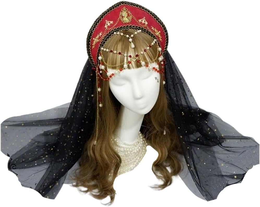 MYAYD Handmade Palace Tudor Crown Headwear Detachable Veil Hairband Cosplay Accessory Prop for Halloween