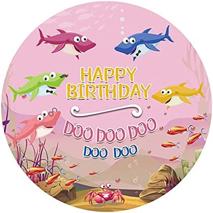 Miniatura 4 de Renaiss Fundas de fondo redondas de 7.2 x 7.2 pies para sesión de fotos, retratos de niños, tiburones coloridos, peces, Doo Doo Doo, círculo rosa,