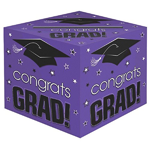 School Colors Graduation Party Congrats Grad! Card Box Holder, Purple, Black and White, Paper, 12