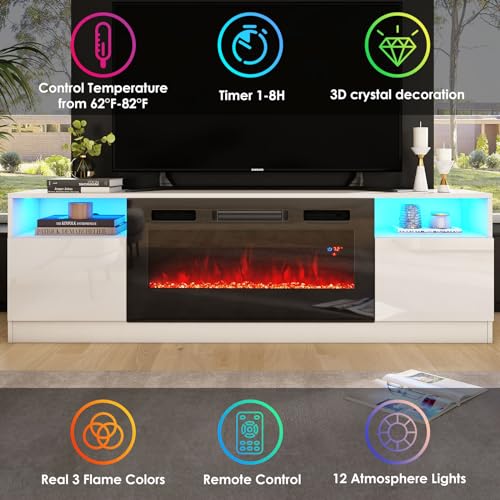 Image of AMERLIFE 80 inch TV Stand with 40 inch Electric Fireplace Large Modern Matte Texture Media Entertainment Center with Highlight Storage Cabinet for TVs Up to 90 inch, 80 inches, White&Black