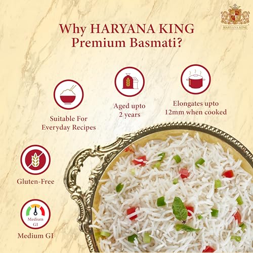 Image of Haryana King Premium Basmati Rice - 5kg | Extra Long Grain | Aged & Fluffy | Aromatic Rice for Biryani, Pulao & Daily Cooking | Non-Sticky Texture | Naturally Aged Basmati (Pack of 3)