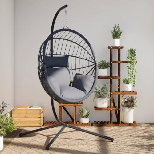 Homgoday Silla Colgante Huevo con Soporte ratán y Acero Gris, Silla Colgante con Soporte, Cojín y Almohadilla, Columpio Colgante para Interior y Exterior, Columpio de Jardín/Terraza, Cesta Colgante