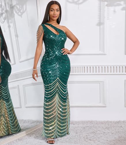 Image of Cololura Women Sequin Elegant Sexy One Shoulder Tassel Mermaid Bodycon Cocktail Evening Dress