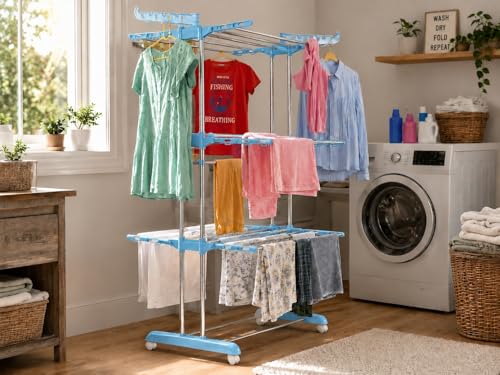 Image of KITCHIVO Premium Clothes Stand for Drying with Wheels | Portable | 3 Layer Rack for Balcony | Foldable Wings | 24 Hanger Rods | Anti Rust Steel Metal (Blue)