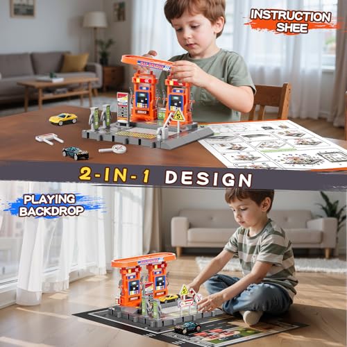 KIZONLY Toy Cars Playsets, Activity Drivers Playset, Gasstation with Moveable Hoses, Parking lot, 1:64 Scale Toy Cars and Car Garage Toys for Toddlers 1-3, Car-Activated Playing Method - Thumbnail 5