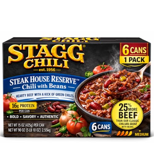Stagg Steakhouse Reserve Chili with Beans, 15 oz Cans (Pack of 6) – Hearty Beef Chili, Ready to Eat, High Protein Meal – By Snacks and More
