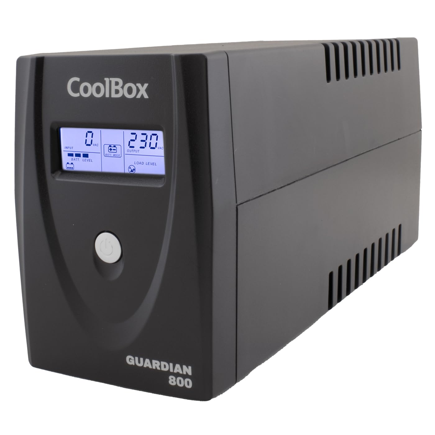 CoolBox GUARDIAN 3 SAI 800VA Sistema de Alimentación Ininterrumpida UPS 800A/480W con Pantalla LCD, 8 Minutos de Autonomía, 2 Tomas Schuko 1 Puerto USB, 2 Puertos RJ-45 (In & out), Software de Control