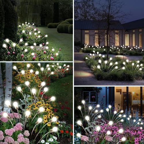 SANJICHA Paquete de 8 luces solares de jardín al aire libre, 64 luces LED mejoradas de luciérnaga que se balancean por el viento, luces impermeables para jardín al aire libre, funciona con energía