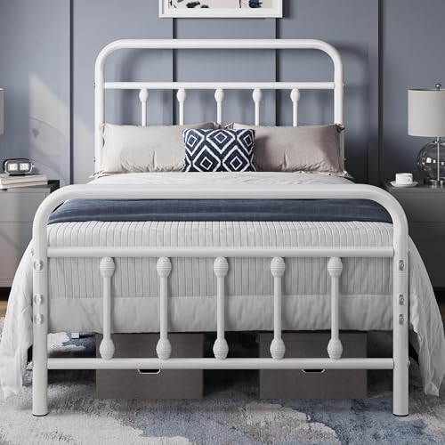 Yaheetech 3ft Single Bed Frame Vintage Iron Platform Bed with High Headboard and Footboard, Strong Metal-Framed Bed with Storage White
