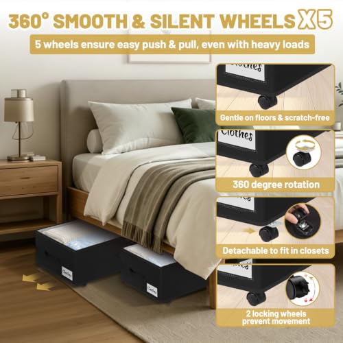 Under Bed Storage with Wheels, 2 Pack Underbed Storage Containers with Clear Lid & Label, XXL 75L Easy Assembly Rolling Under Bed Shoe Storage for Clothes, Shoes, Blankets, Black(28.3 X 16.5 X 9.5 in) by ARMWISE - Used condition - Image 4
