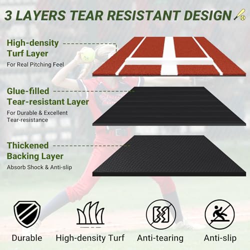Neoaider 10 x 3 FT Softball Pitching Mat, Pitching Mat with Non-Slip Backing, High Density Anti-Fade Turf, Softball Pitching Mound for Indoor & Outdoor Use, Clay - Thumbnail 3