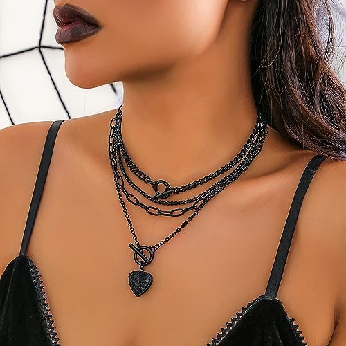 BUYITO Chunky Layered Necklace Stack for Women Trendy Goth Heart Pendant necklaces Set Dainty Coin Toggle Clasp Cuban Chain Punk Necklaces Gothic Y2K Aesthetic Jewelry for Women3