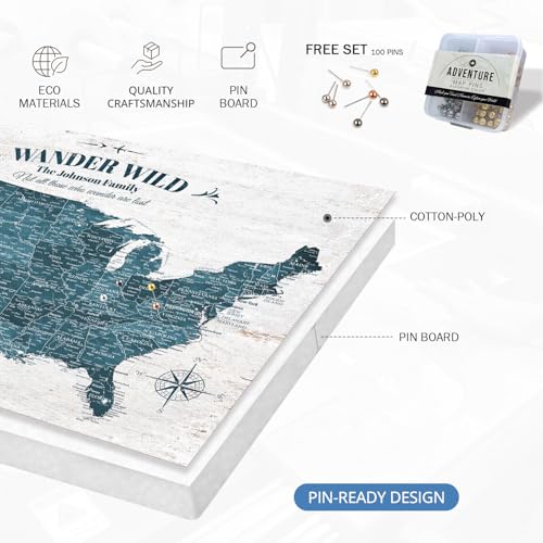 Image of IPIC - Large Custom USA Map Wall Art, Push Pin Map with Custom Names to Track Your Travels, Vintage Teal Framed Canvas Wall Decor for Home, Office or RV, Made in USA