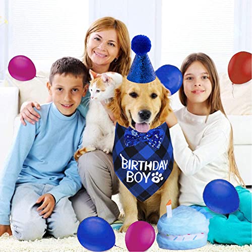 Stmk Dog Birthday Party Supplies, Dog Birthday Bandana Boy With Dog Birthday Party Number Hat Bowtie Cake Squeaky Toy For Large Medium Dogs (Blue, Plaid) #TOP5