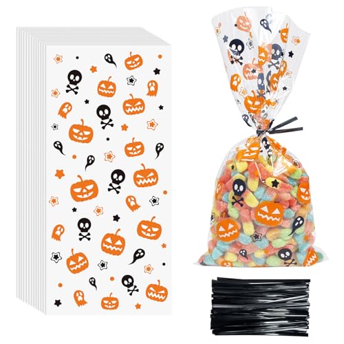 Halloween Cellophane Treat Bags, 5x11 Inches Clear Candy Bags with Twist Ties for Trick or Treat Party Favors, 120 Pieces