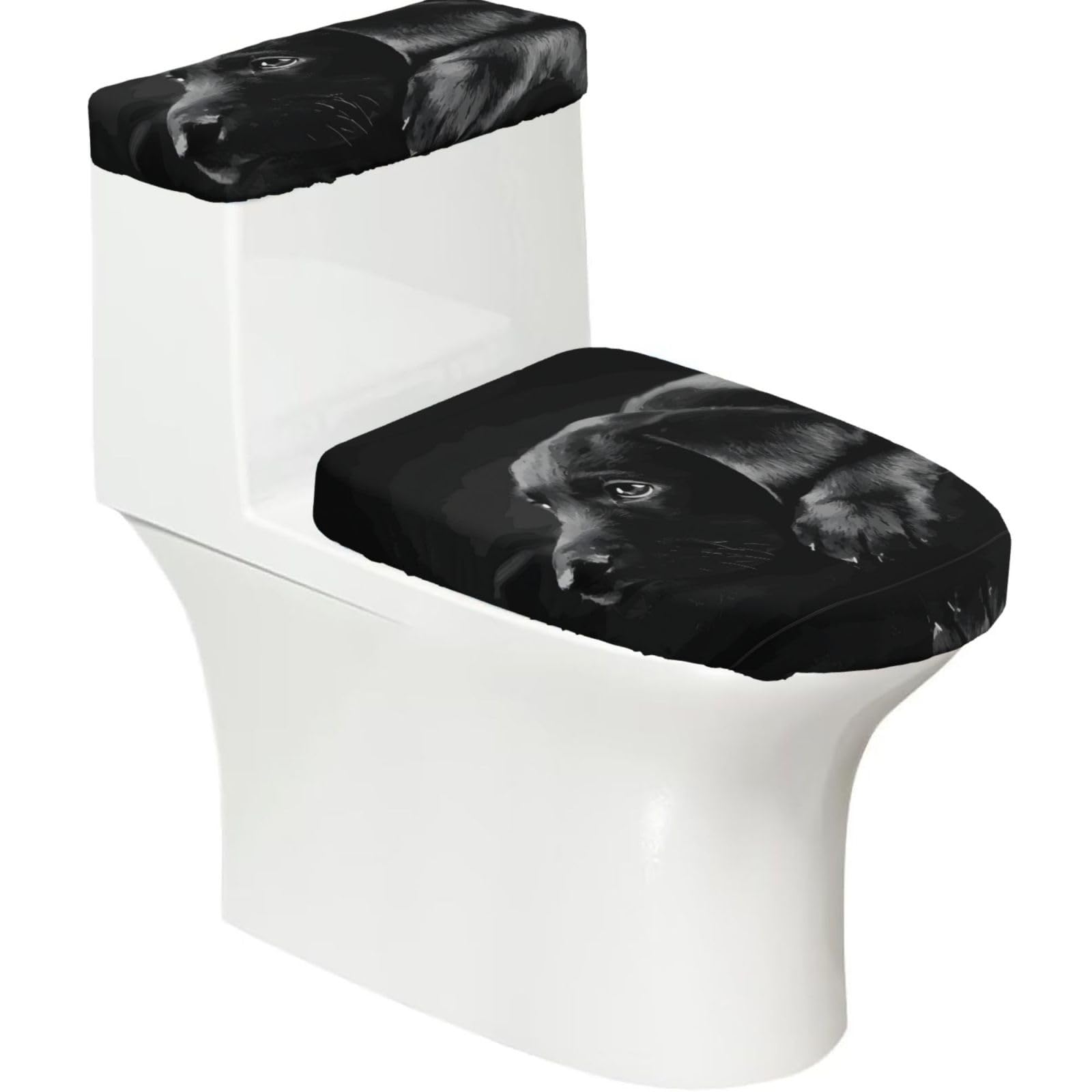 Wzycwb Black Labrador Puppy 2-Piece Toilet Seat Cover Set With Tank Lid, Elastic Fit For U-Shape & Elongated Toilets, Bathroom Decor, Housewarming Gift